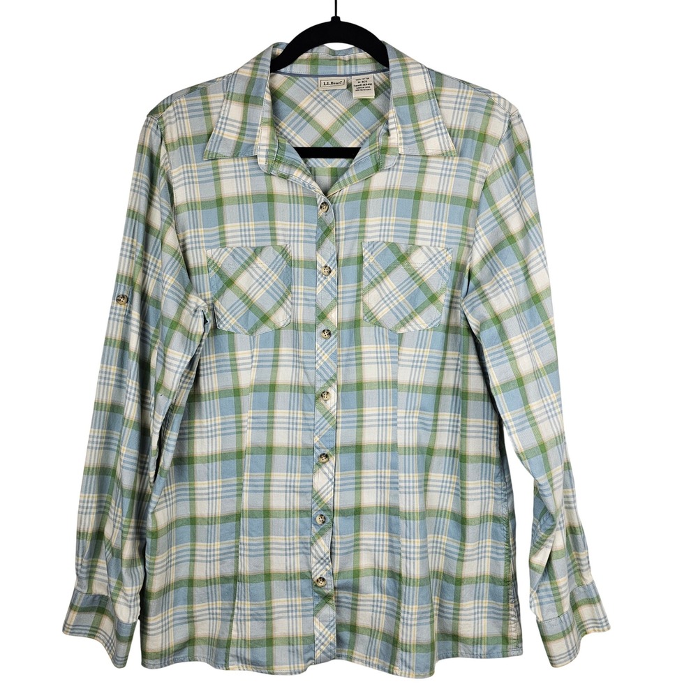 LL Bean Women's Medium Plaid Button Down Shirt Blue Green Roll Tab Sleeve 264495